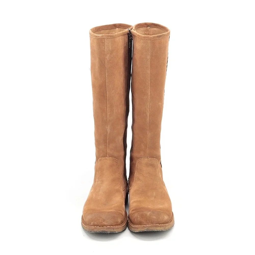UGG Australia Tall Suede Whipstitch Boots Chestnut Tan Rear Zip 8.5 1002347